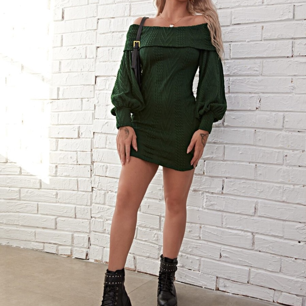 green off shoulder wide sleeve sweater dress - Picture 2 of 4